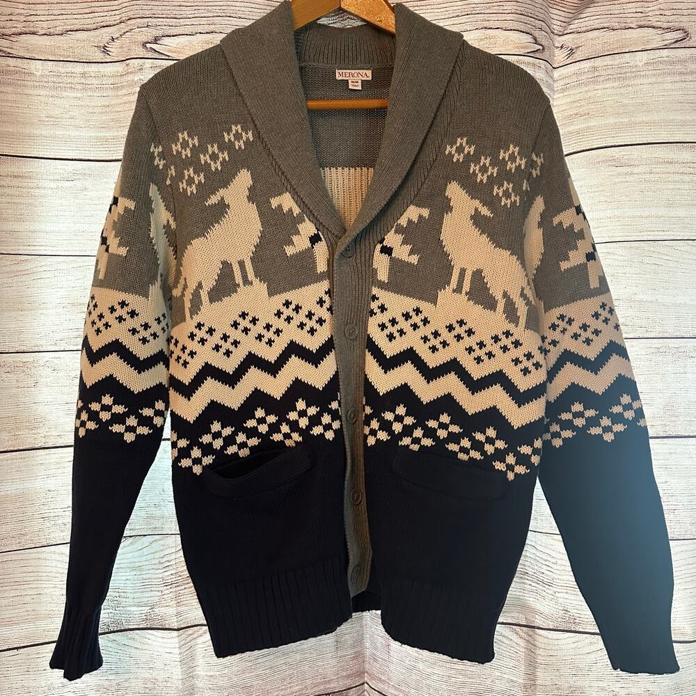Merona Fair Isle cardigan sweater men’s Size M gray blue shawl collar‎